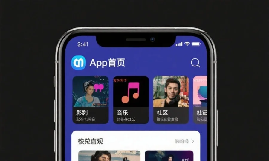 手机屏幕展示App主界面，包含影视、音乐和社区等模块，界面简洁直观